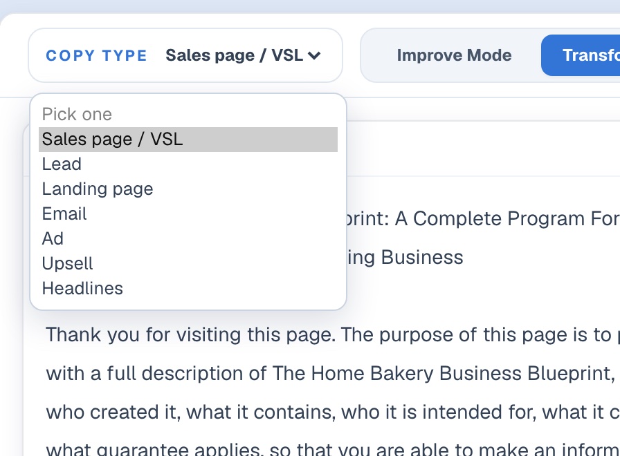 The copy type list with all seven types